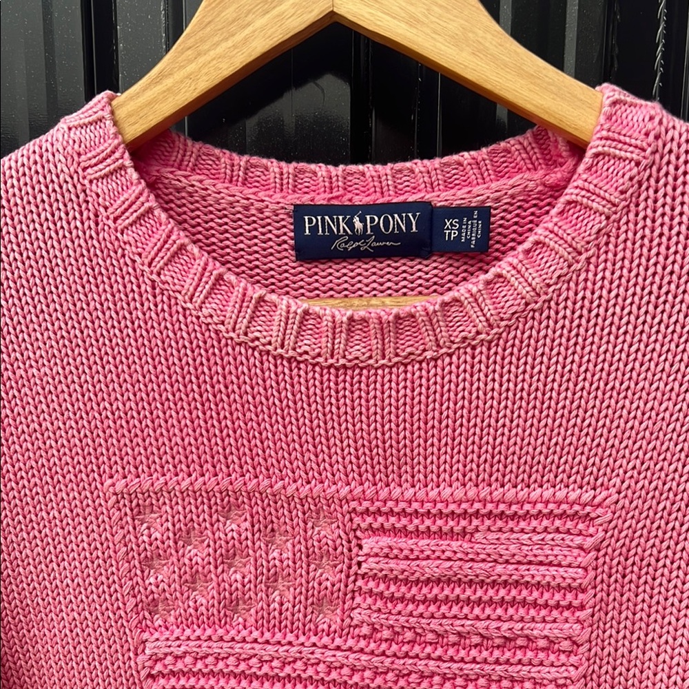 RALPH LAUREN Heritage American Flag 100% Cotton Chunky Knit Spell Sweater Pink - Picture 3 of 16